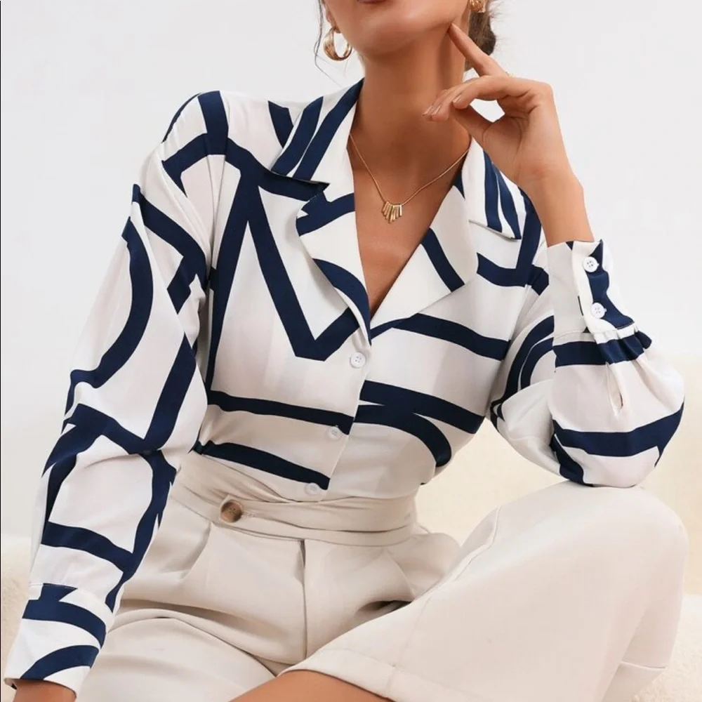 Elegant Abstract Geo Loose Relaxed Fit Print Button Down Shirt - Picture 7 of 16